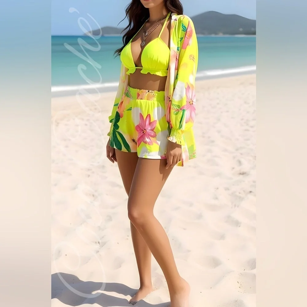 Vibrant Tropical Print Matching Shorts Shirt and Bikini Swimsuit Coverup. - Picture 4 of 14
